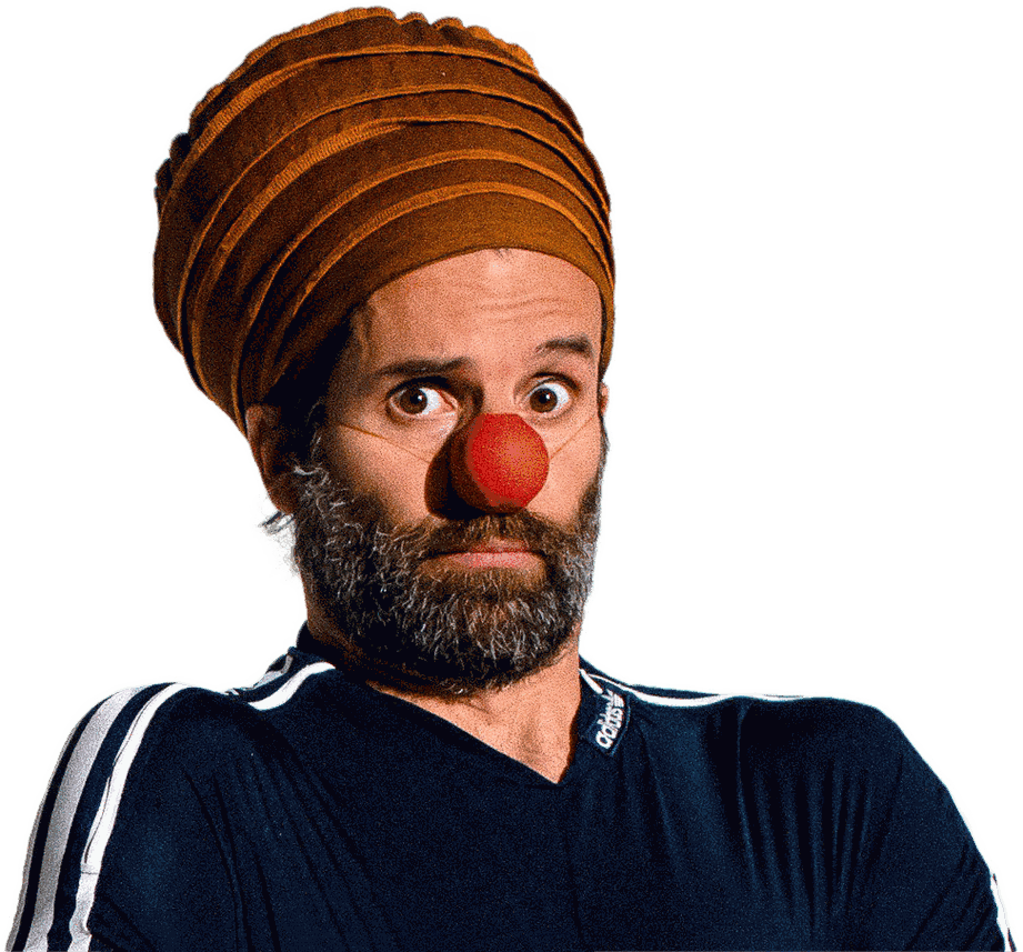Pedro Fabião wearing a turban and a red clown nose